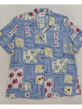 Alia Women's Top Size 16W Blue Print Short Sleeve Button-Up Camp